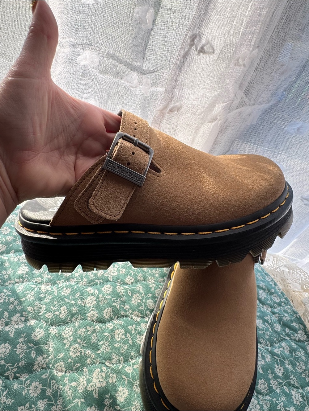 Dr. Martens Tan Zebzag Suede Slip-On Buckle Clogs - Picture 5 of 7